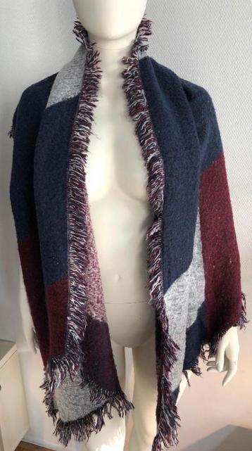 H&M grote shawl sjaal blauw bordeaux rood franjes wit zgan