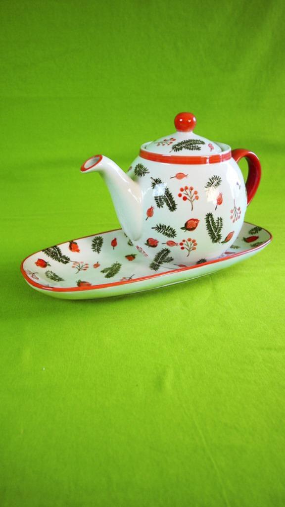 Charming Botanical Teapot | Matching Tray | Red and White, Huis en Inrichting, Keuken | Servies, Zo goed als nieuw, Overige typen