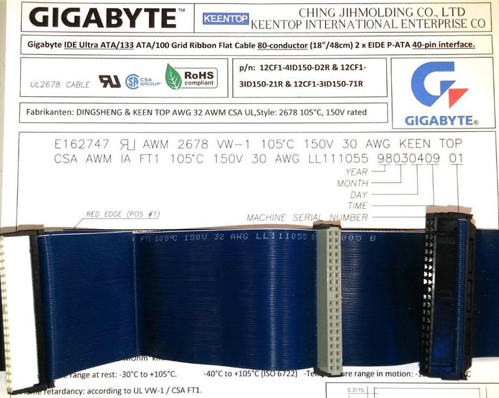 Gigabyte Ultra DMA133 IDE ATA kabel 80-wire KEENTOP 40pin, Computers en Software, Pc- en Netwerkkabels, Nieuw, Ophalen of Verzenden