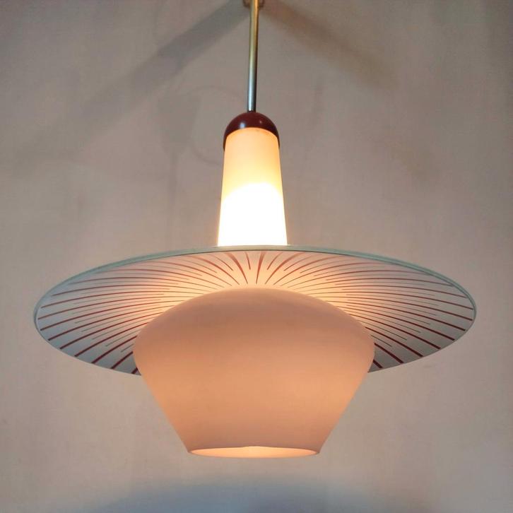 Vintage Hanglamp Matglas jaren 1960, Huis en Inrichting, Lampen | Hanglampen, Gebruikt, Minder dan 50 cm, Glas, Metaal, Ophalen