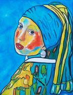 Schilderij Meisje met de parel in vrolijk acryl op canvas, Antiek en Kunst, Kunst | Schilderijen | Modern, Ophalen of Verzenden