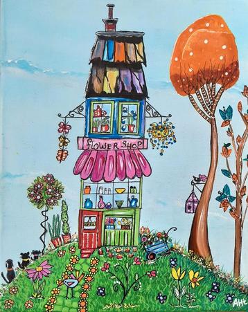 Schilderij bloemen shopje in vrolijk acryl op canvas beschikbaar voor biedingen
