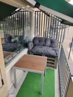 Pallet bank met kussens, Tuin en Terras, Tuinsets en Loungesets, Bank, Gebruikt, 2 zitplaatsen, Ophalen