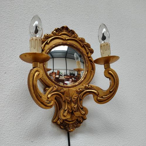 Vintage Barok Brocante Rococo wandlamp met bolspiegeltje, Huis en Inrichting, Lampen | Wandlampen, Gebruikt, Hout, Ophalen of Verzenden