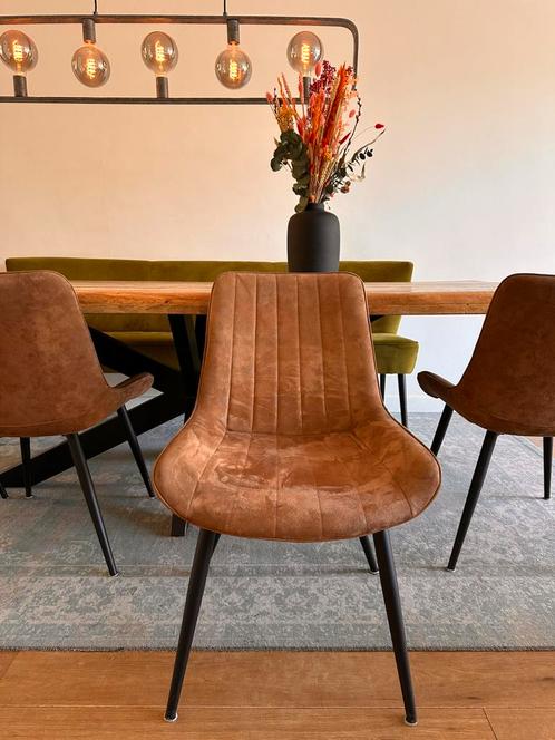4 Riva velvet eetkamerstoelen cognac, Huis en Inrichting, Stoelen, Zo goed als nieuw, Vier, Stof, Bruin, Ophalen