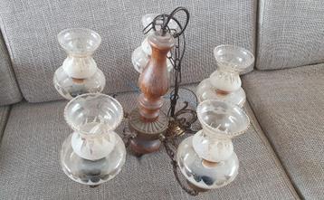 Vintage kroonluchter hanglamp van hout, metaal, glas beschikbaar voor biedingen