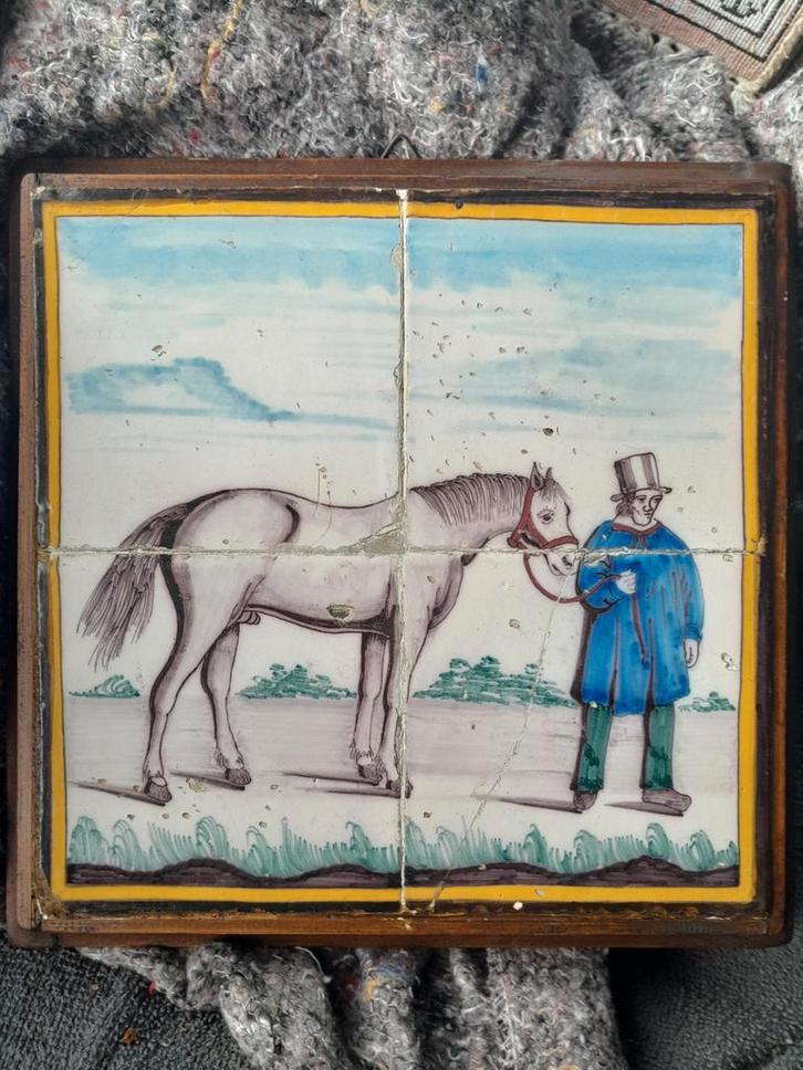 Antiek Tegeltableau met Paard en Man 1850-1900 gratis verzen, Antiek en Kunst, Antiek | Wandborden en Tegels, Ophalen of Verzenden