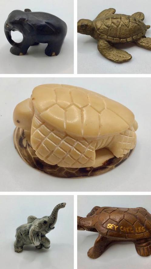 Vintage beelden 5 st. olifant schildpad speksteen brons hout, Antiek en Kunst, Kunst | Beelden en Houtsnijwerken, Ophalen of Verzenden