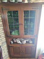 Mooie eiken hoekkast met groen glas, Huis en Inrichting, Kasten | Buffetkasten, Ophalen, Glas, 100 tot 150 cm, Klassiek