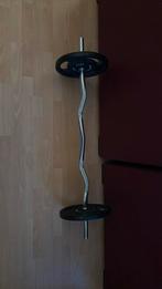 Halterstang Curl 120 cm + 2x 10kg schijven, Sport en Fitness, Fitnessmaterialen, Zo goed als nieuw, Ophalen