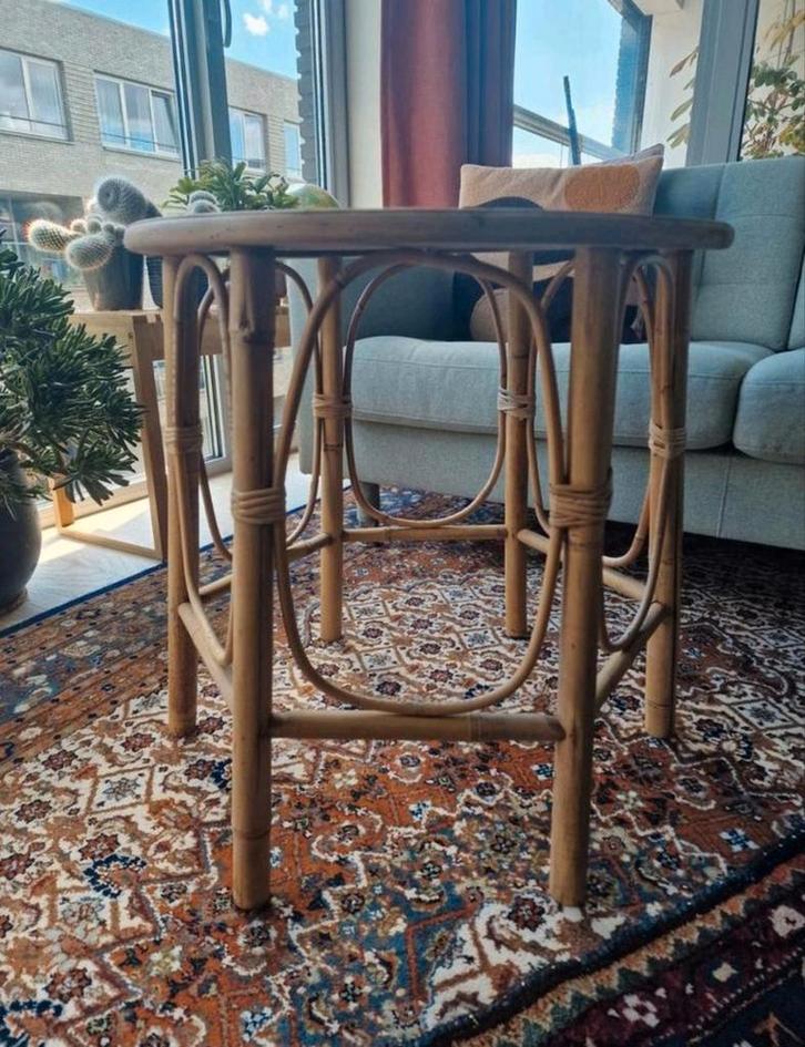 🌸✨ Bijzettafel | Acasiahout/rotan Bohemian | Vintage/retro, Huis en Inrichting, Tafels | Bijzettafels, Zo goed als nieuw, Rond
