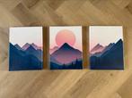 Zonsopkomst in de Bergen, drieluik posterset op canvas, Minder dan 50 cm, Nieuw, Ophalen of Verzenden, Foto of Poster
