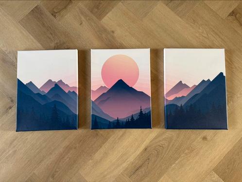 Zonsopkomst in de Bergen, drieluik posterset op canvas, Huis en Inrichting, Woonaccessoires | Schilderijen, Tekeningen en Foto's