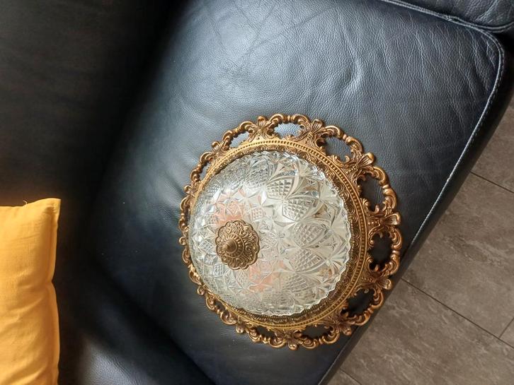 vintage xl hollywood  regency bronzen  plafonnière zie foto, Huis en Inrichting, Lampen | Plafondlampen, Zo goed als nieuw, Glas