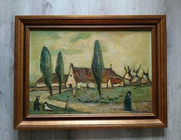 Expressionistisch landschap met boerderij en figuren - 1976  beschikbaar voor biedingen