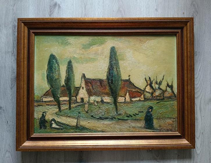 Expressionistisch landschap met boerderij en figuren - 1976, Antiek en Kunst, Kunst | Schilderijen | Klassiek, Ophalen of Verzenden