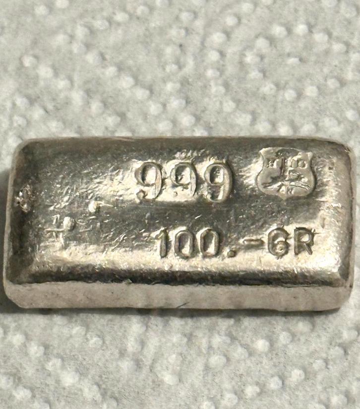 Zeer zeldzame 100 gram zilverbaar Drijfhout zonder stempel, Postzegels en Munten, Edelmetalen en Baren, Zilver, Ophalen of Verzenden
