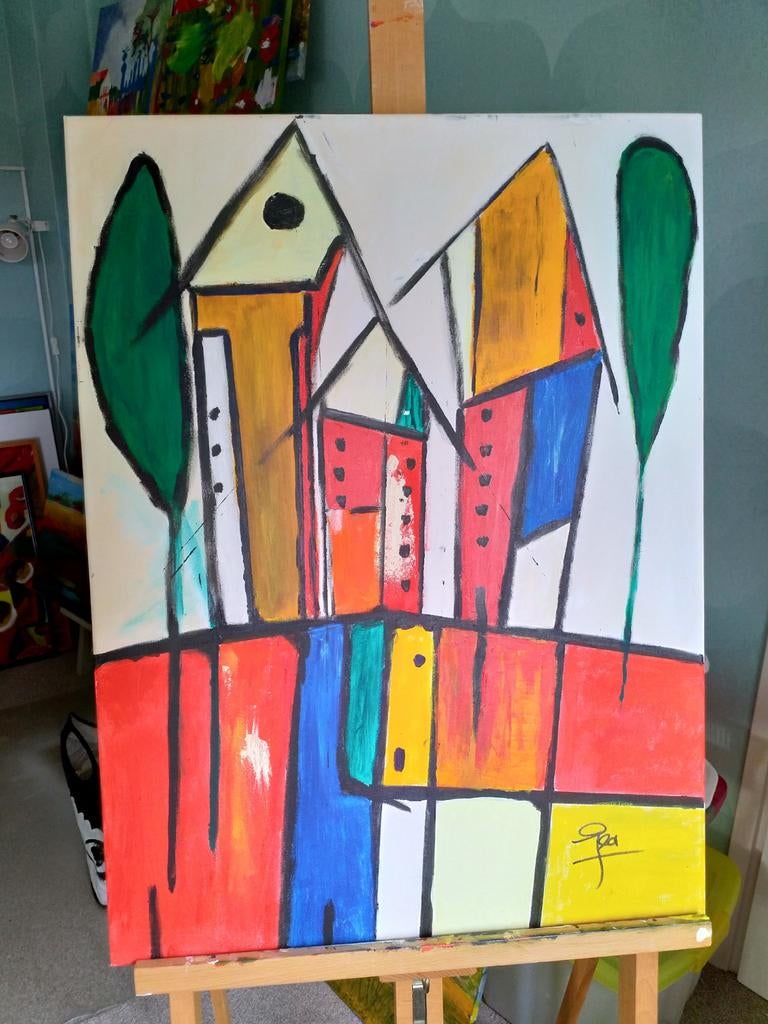 T.e.a.b. 'KERK met bomen'. 70x40 cm. Acryl-linnen. T.e.a.b, Antiek en Kunst, Kunst | Schilderijen | Abstract, Ophalen