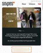 15% korting bij Snipes - Direct online ontvangen!, Eén persoon, Kortingsbon, Overige typen