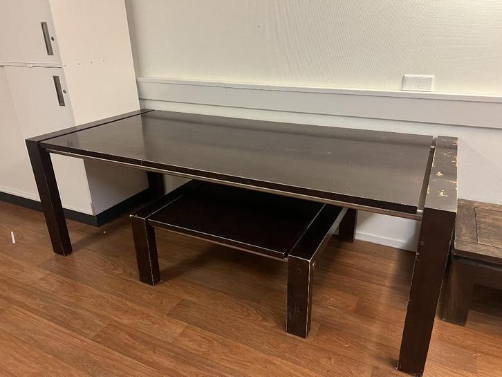 Set tafels: massief hout, donkerbruin, zwaar en stevig, Huis en Inrichting, Tafels | Eettafels, Gebruikt, 200 cm of meer, 200 cm of meer