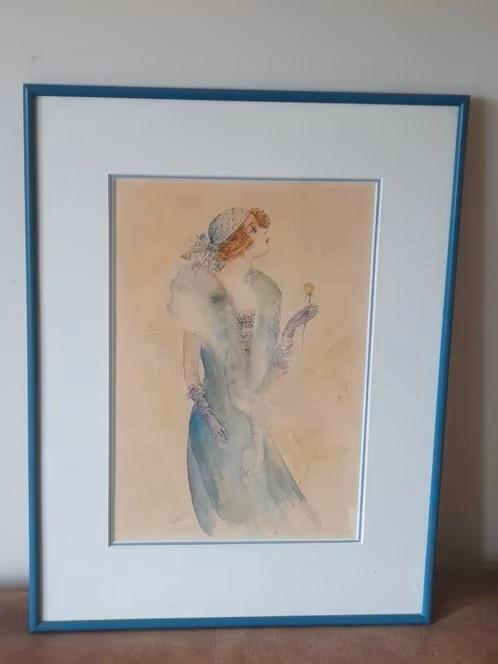 Modieuze vrouw aquarel jaren 20 monogram JHK , JK of HK, Antiek en Kunst, Kunst | Schilderijen | Klassiek, Ophalen