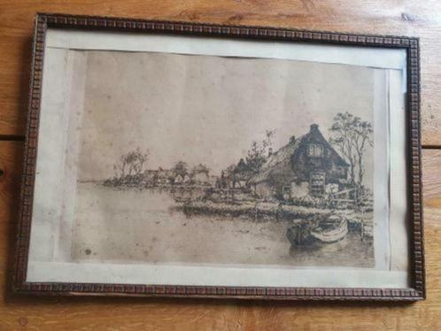 Herman Heuff (1875-1945) 1913 "Boerderijen aan het water", Antiek en Kunst, Kunst | Etsen en Gravures, Ophalen