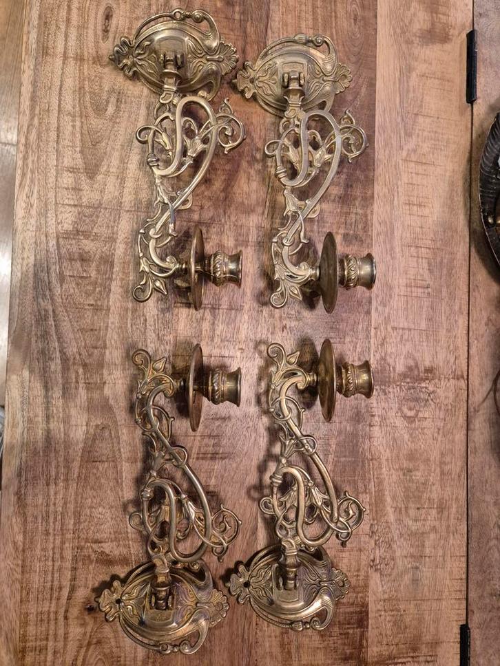 Set van 4 antieke messing wandkandelaars, Antiek en Kunst, Antiek | Kandelaars, Koper of Brons, Ophalen of Verzenden