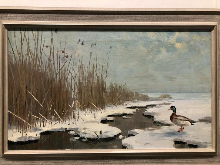 Jachtschilderij Jo Schrijnder olieverf Woerd bij wak, Antiek en Kunst, Kunst | Schilderijen | Klassiek, Ophalen of Verzenden