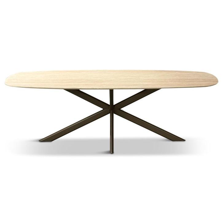 Tafel Hpl met travertine top en bruine spinpoot Japandi, Huis en Inrichting, Tafels | Eettafels, Nieuw, 50 tot 100 cm, 200 cm of meer
