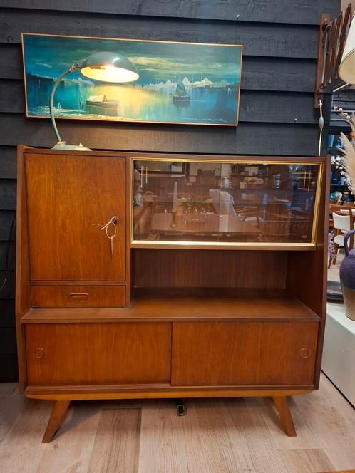 Vintage highboard wandkast teak kast mid century design, Huis en Inrichting, Kasten | Wandmeubels, Gebruikt, 100 tot 150 cm, Minder dan 150 cm