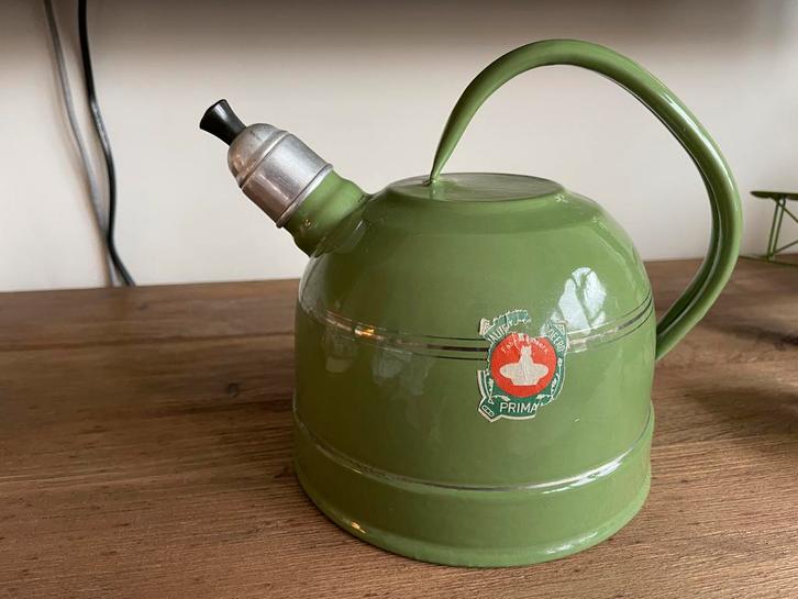 Vintage Groene Emaille Fluitketel - Prima, Antiek en Kunst, Antiek | Keukenbenodigdheden, Ophalen of Verzenden