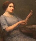 Portret uit Parijs van dame in een blauwe jurk, Antiek en Kunst, Kunst | Schilderijen | Klassiek, Ophalen of Verzenden