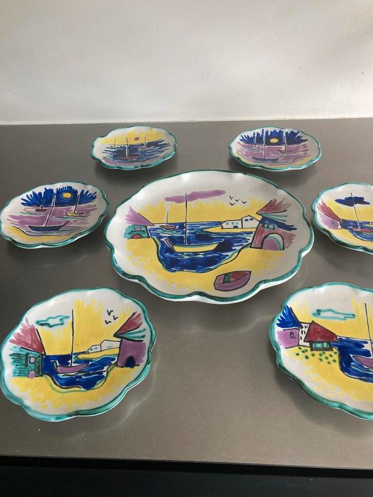 Vallauris Schaal & 6 Dessertbordjes - Vintage Riviera, Antiek en Kunst, Antiek | Keramiek en Aardewerk, Ophalen of Verzenden