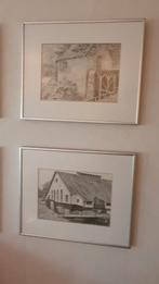 Set van 4 ingelijste tekeningen van watermolens, Antiek en Kunst, Ophalen