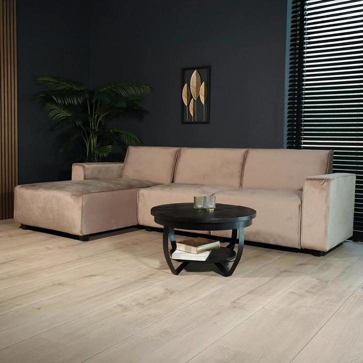 Hoekbank velvet champagne 270cm links nieuw, Huis en Inrichting, Banken | Bankstellen, Nieuw, Hoekbank, Driepersoons, 250 tot 300 cm