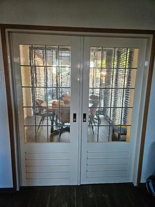 Houten schuifdeur met glas in lood, Doe-het-zelf en Verbouw, Deuren en Horren, Gebruikt, Binnendeur, Minder dan 200 cm, 120 cm of meer