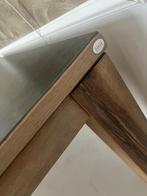 Eettafel met stenen blad en eikenhouten onderstel, Gebruikt, 100 tot 150 cm, Ophalen of Verzenden, Vier personen