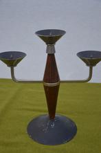 Vintage 3-armige kandelaar Scandinavisch, teakhout en chroom, Antiek en Kunst, Ophalen of Verzenden, Overige materialen