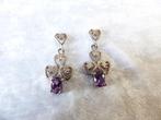Mooie Fijne Zilveren Oorstekers met Amethist - 4 Hartjes, Verzenden, Zilver, Oorbellen, Met edelsteen