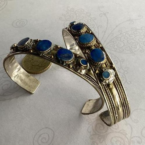 hippe bangle klem armband edelsteen Lapis Lazuli, Sieraden, Tassen en Uiterlijk, Armbanden, Nieuw, Zilver, Blauw, Met edelsteen