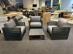 Drie robuuste aluminium lounge stoelen met voetenbank, Ophalen, Bank, 3 zitplaatsen, Aluminium