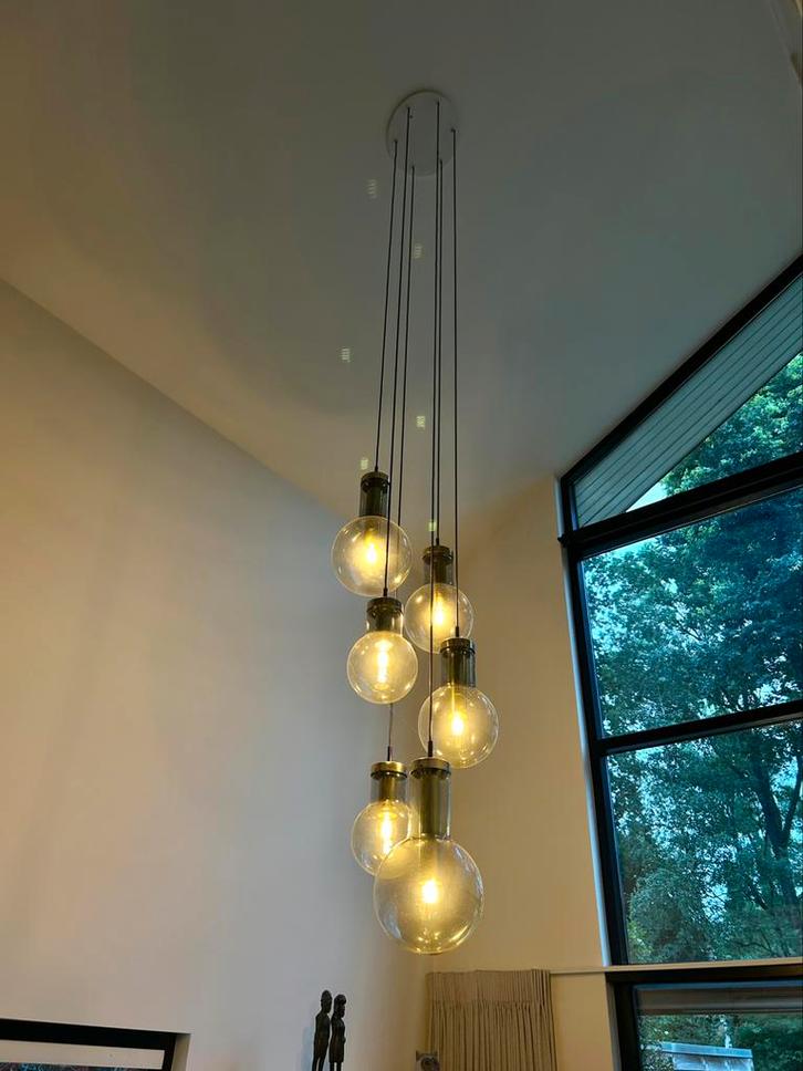 Raak Maxi Globe hanglamp met 6(!) bollen, vintage chandelier, Huis en Inrichting, Lampen | Hanglampen, Zo goed als nieuw, Glas
