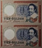 10 Gulden 1953 Hugo de Groot 2x nummer opvolgend UNC, Verzenden, 10 gulden