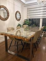 Glazen eettafel met houten blad en 6 stoelen & 2 spiegels, Ophalen, 200 cm of meer, 50 tot 100 cm, Zo goed als nieuw