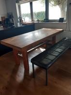 Teakhouten eettafel + leren bank, Ophalen, Gebruikt, Teakhout, 50 tot 100 cm
