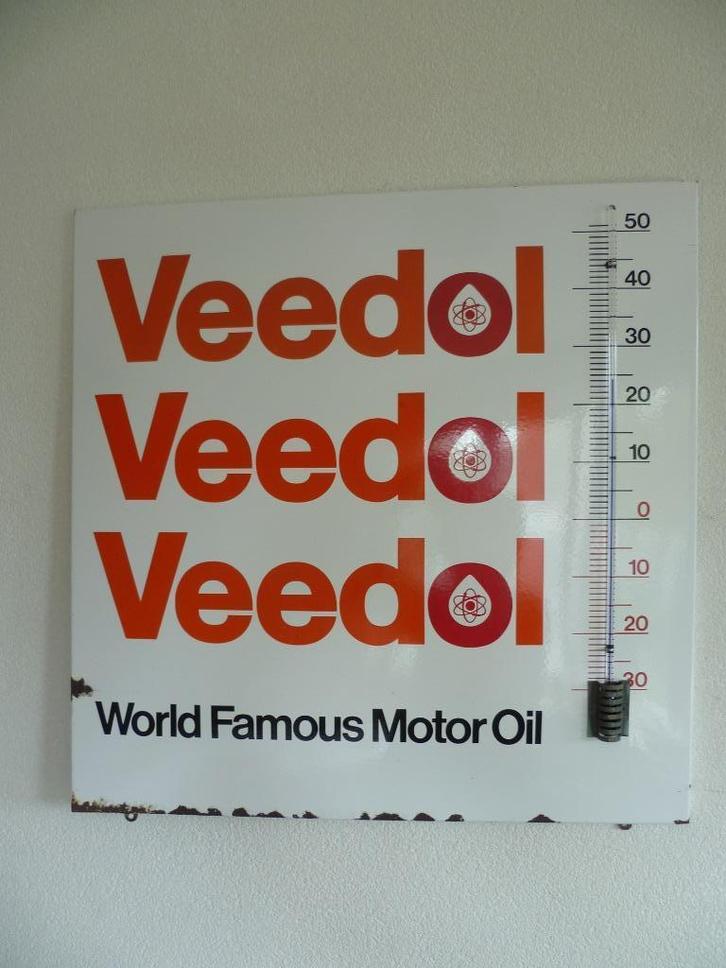 EMAILLE RECLAMETHERMOMETER"VEEDOL MOTOR OIL"UIT JAREN 50/60, Verzamelen, Merken en Reclamevoorwerpen, Gebruikt, Reclamebord, Ophalen