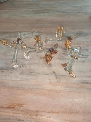 4x glazen messenleggers met goudkleurige bird en blaadjes beschikbaar voor biedingen