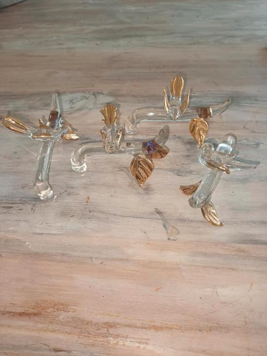 4x glazen messenleggers met goudkleurige bird en blaadjes, Antiek en Kunst, Antiek | Glas en Kristal, Ophalen of Verzenden