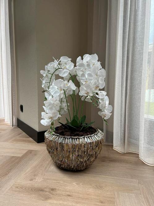 Opgemaakte Eric Kuster schelpen vaas met orchideeën ZGAN, Huis en Inrichting, Woonaccessoires | Vazen, Zo goed als nieuw, Overige kleuren