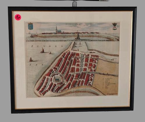 Ingelijste, handgekleurde historische kaart van Hindeloopen, Antiek en Kunst, Kunst | Etsen en Gravures, Ophalen